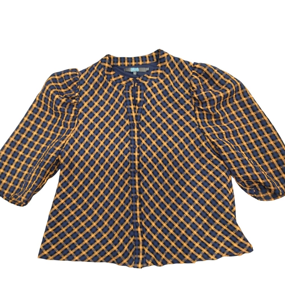 Eva Franco Blue Yellow Gingham Plaid Puff Sleeve Mock Neck Blouse Top Size‎ 10